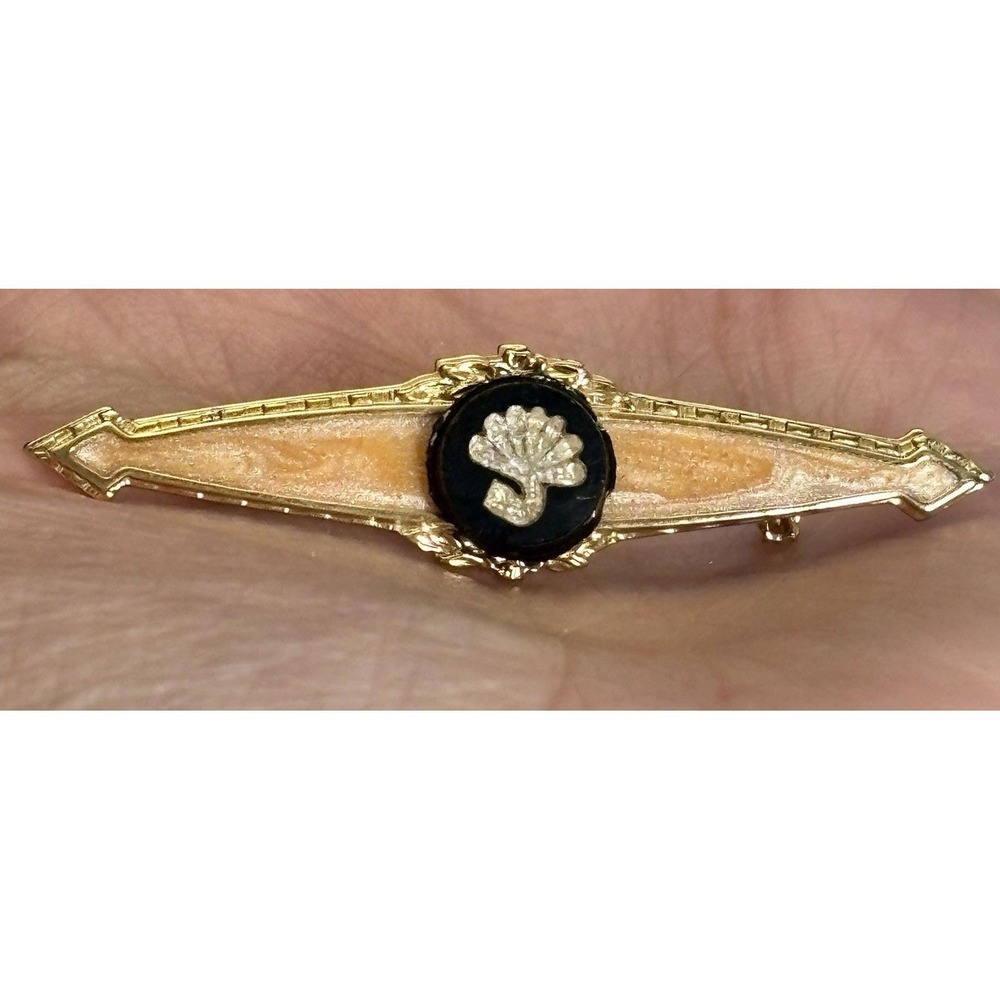 Vintage Art Deco Bar Brooch Peach Enamel Black Floral Medallion Gold Tone Pin
